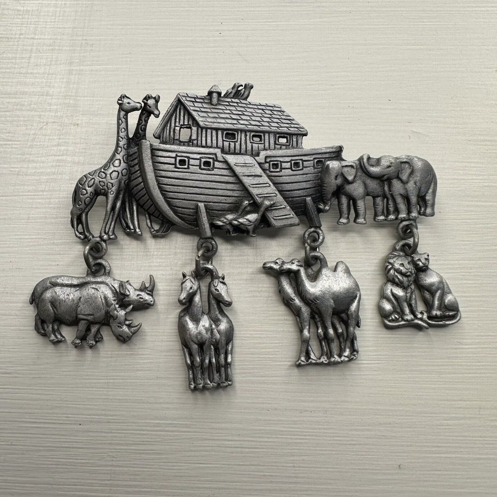 Vintage Noah's Ark by JJ Jonette Jewelry Co.  Animals Pewter Brooch Pin